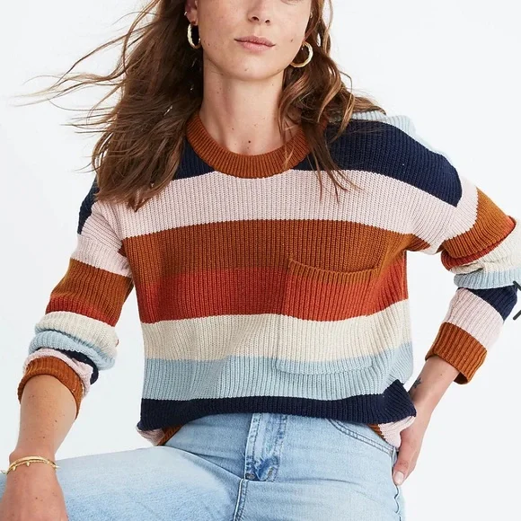 Madewell Thompson Pocket Pullover Sweater in Rainbow Stripe - Picture 1 of 9